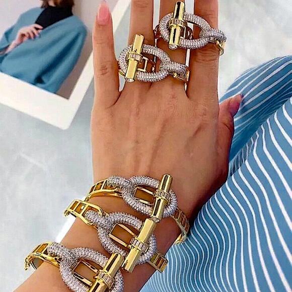 Gold Zircon Bangle Bracelet Two Finger Ring Set Luxury 18K Gold Plated - Picture 8 of 15